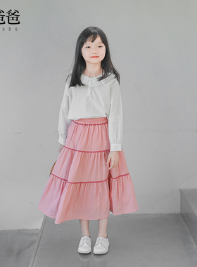 蔡爸爸童装文艺春秋季女童全棉白色长袖上衣百褶领衣服1252+1310