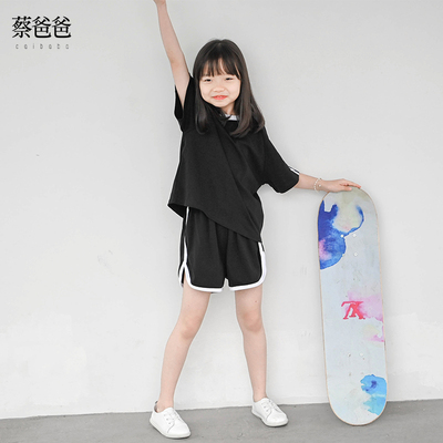 男女儿童套装黑色t恤运动服装