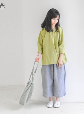蔡爸爸童装2026新款春秋装女大童阔腿裤棉麻条纹七分裤子798+771
