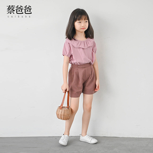 上衣916 蔡爸爸童装 文艺全棉紫色花边领女童短袖 洋气夏装 950 新款