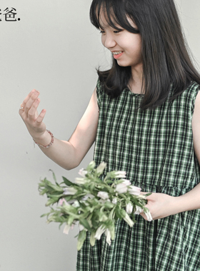 蔡爸爸文艺童装小清新绿色背心裙新夏装女大童薄款格子连衣裙722