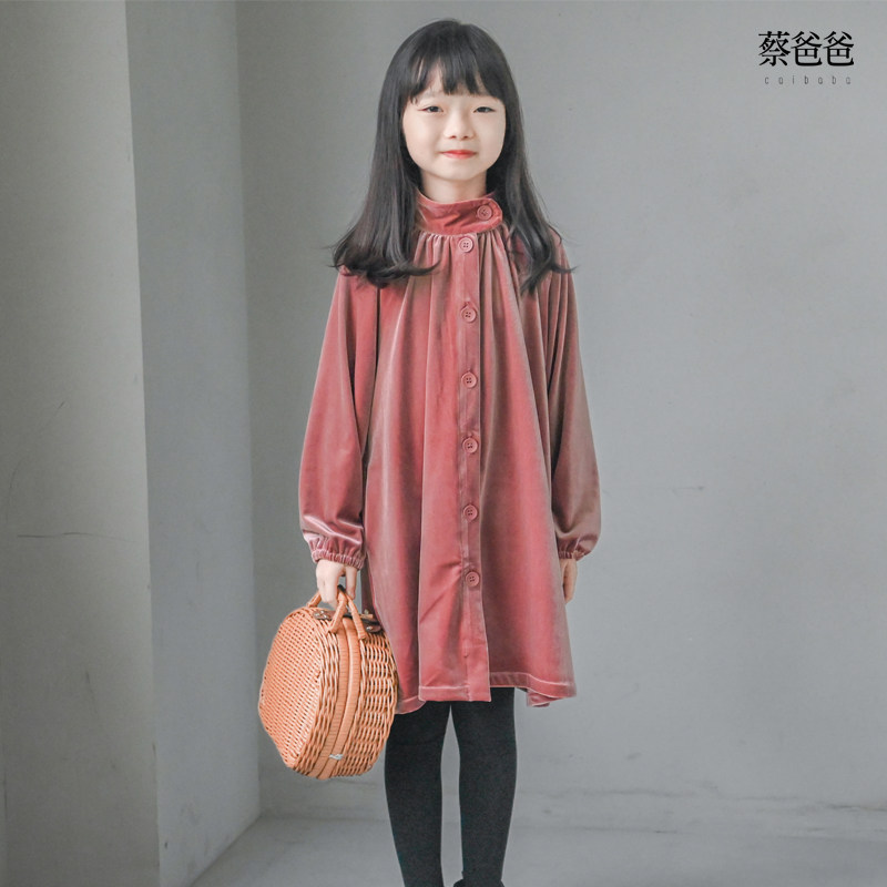 蔡爸爸童装春秋文艺粉色连衣裙女大童半高领公主裙子厚款冬装1023