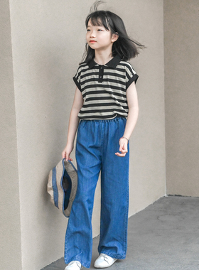 蔡爸爸童装 新款夏装大童女孩黑白翻领小背心女童条纹上衣086+125