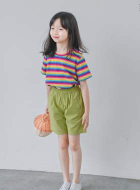 蔡爸爸童装 2026新款夏装短裤 文艺女童裤 全棉薄款浅绿色中裤219