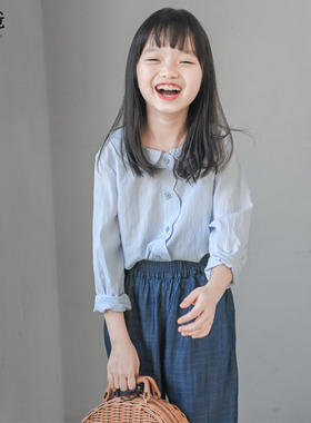 蔡爸爸童装春秋款浅蓝色长袖衬衫中大童娃娃领上衣少女装1309+125