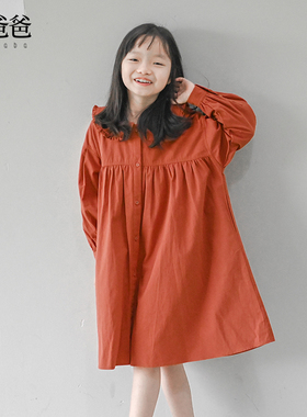 蔡爸爸童装文艺气质女童长袖连衣裙砖红春秋装宽松娃娃领裙子1289