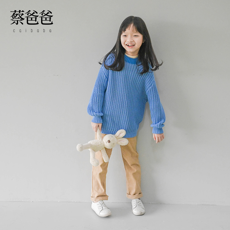 蔡爸爸童装文艺套头针织衫 男女童蓝色圆领毛衣 秋冬装1168+1133