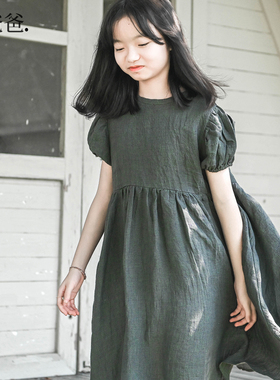 蔡爸爸童装新品文艺夏装小个子女装连衣裙亚麻绿色度假风裙子281