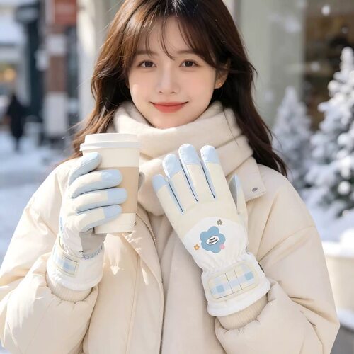 可爱花朵图案滑雪手套女冬季加绒加厚防寒骑电动车防水防冻可触屏