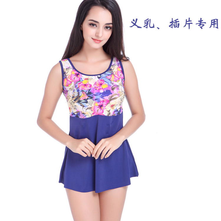 硅胶义乳插片专用游泳衣女士连体花色无袖平角裙式修身显瘦泳装