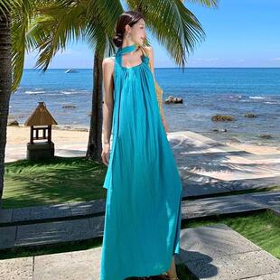泰国海边沙滩长裙到脚踝超长款度假风高个子宽松褶皱吊带连衣裙夏