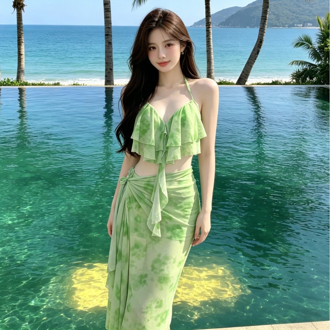 海岛度假比基尼泳衣女bikini三件套遮肚显瘦性感泡温泉绿色游泳衣