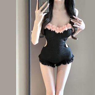 纯欲性感泳衣女2025新款 感连体黑色度假风小胸聚拢钢托显瘦泳装