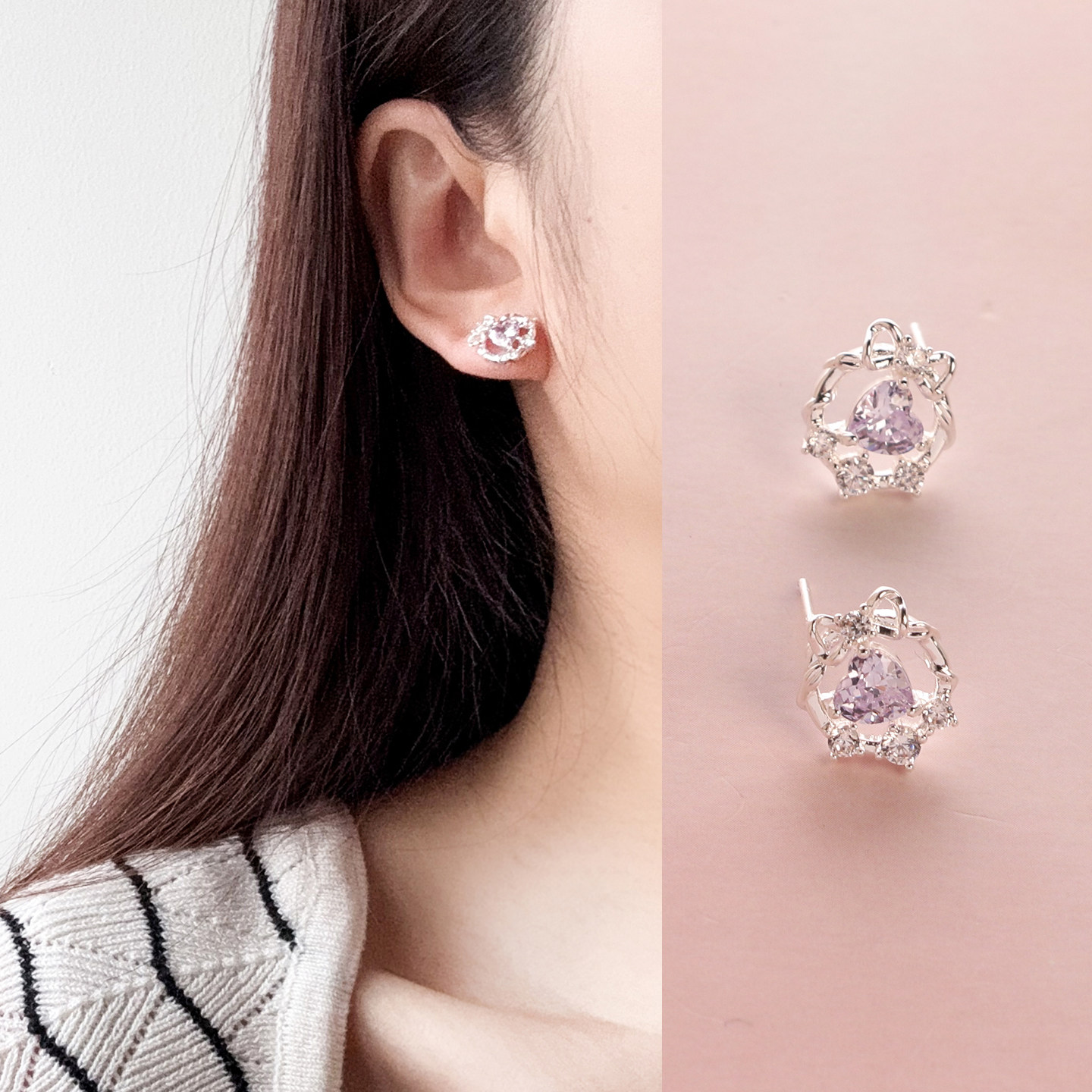 3对包邮s925银针 紫色锆石水钻蝴蝶结小耳钉日系韩版甜美公主精致