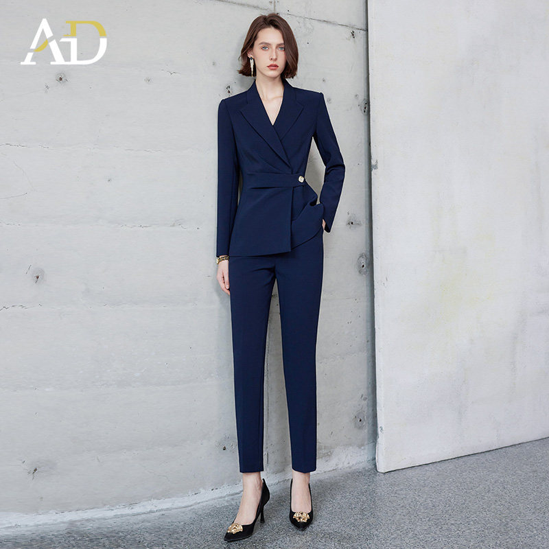 2025秋冬AD藏青色收腰西装套装女公务员职业气质工作服职业装