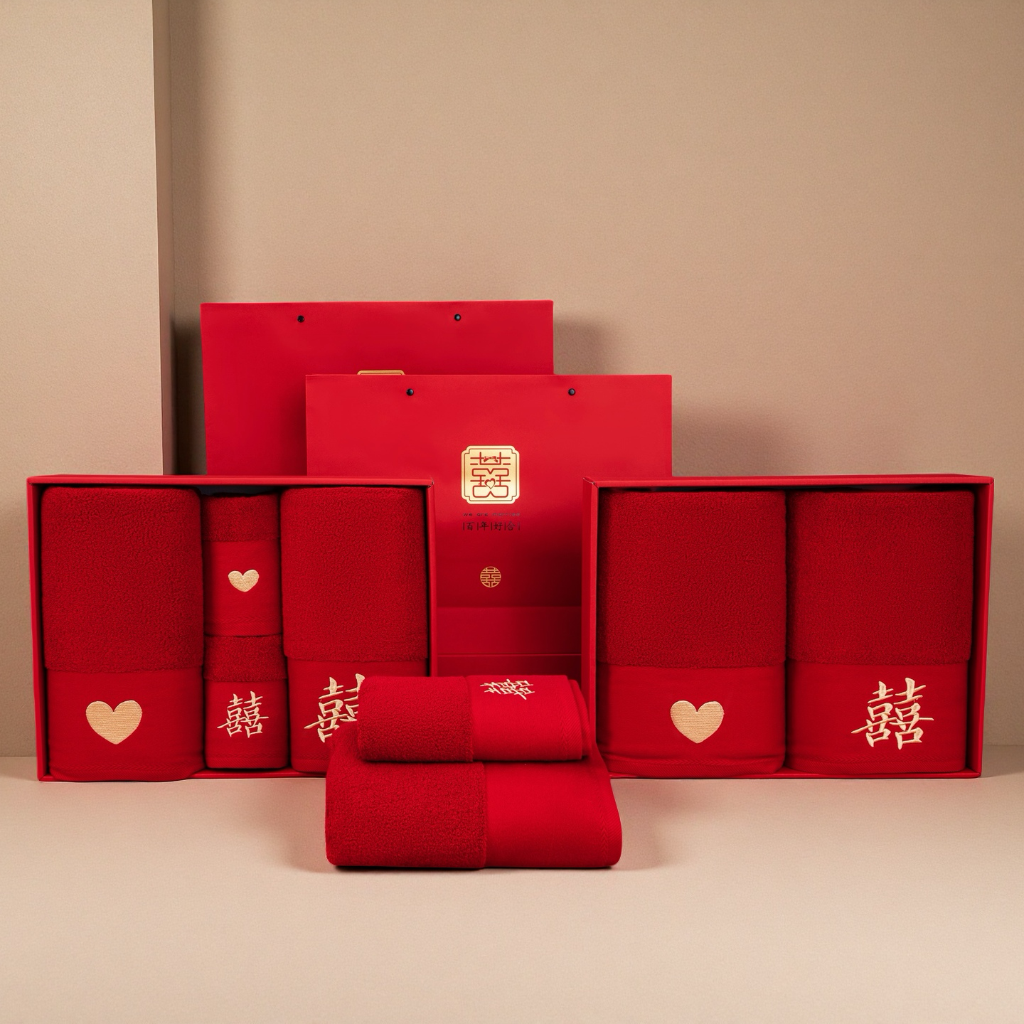 纯棉A类标准 大红喜字结婚浴巾毛巾3件套4件套礼盒 陪嫁新婚礼物