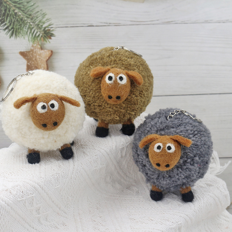 尼泊尔卡通玩偶手工毛线蓬蓬球钥匙扣手机包包挂件小圆羊肖恩毛绒