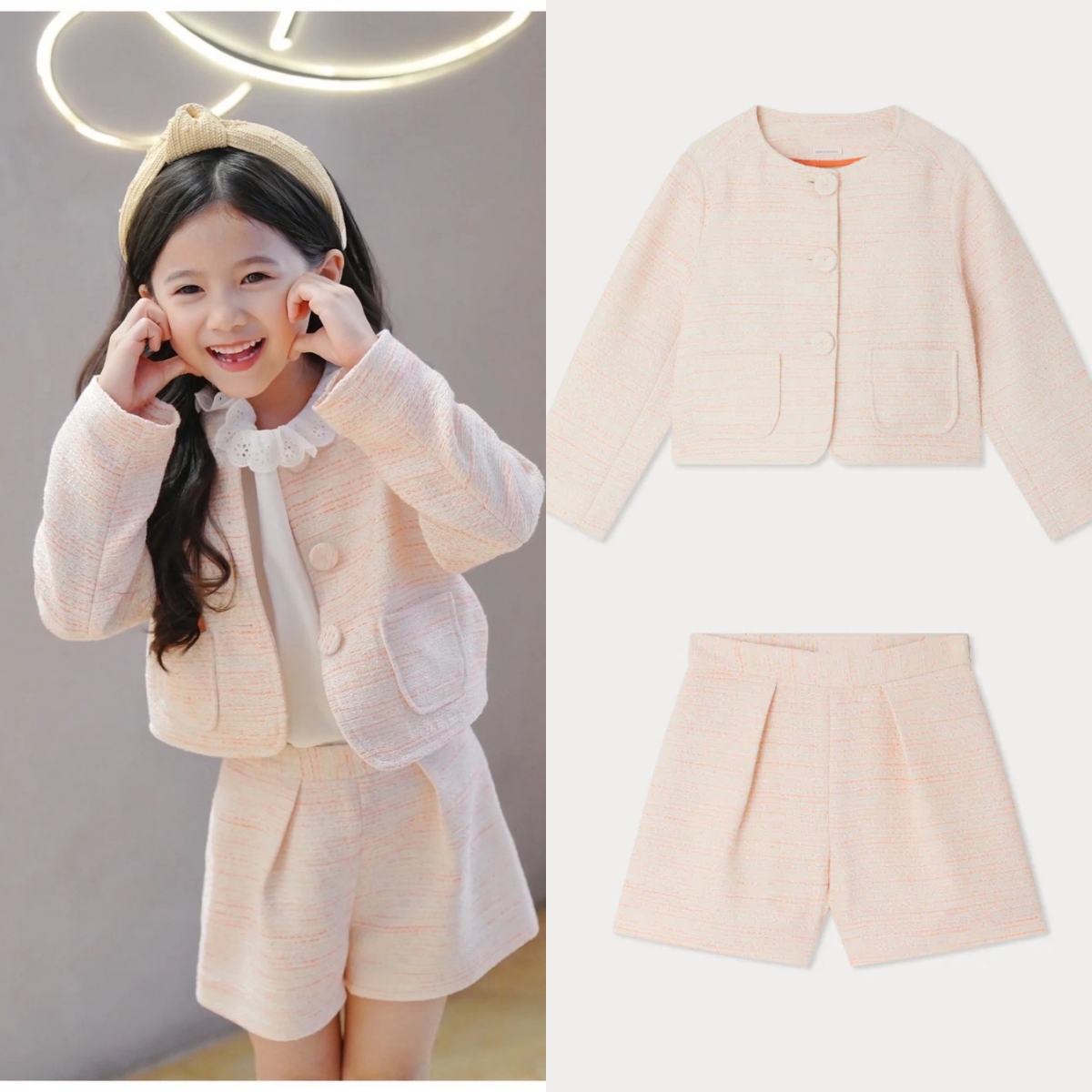 法单~女童粉色小香风纽扣套装