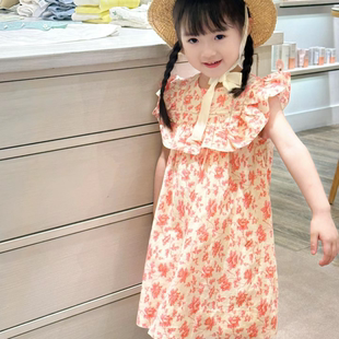 法单~女童红碎花礼服长裙 儿童春夏款小红花裙子 小飞袖连衣裙24