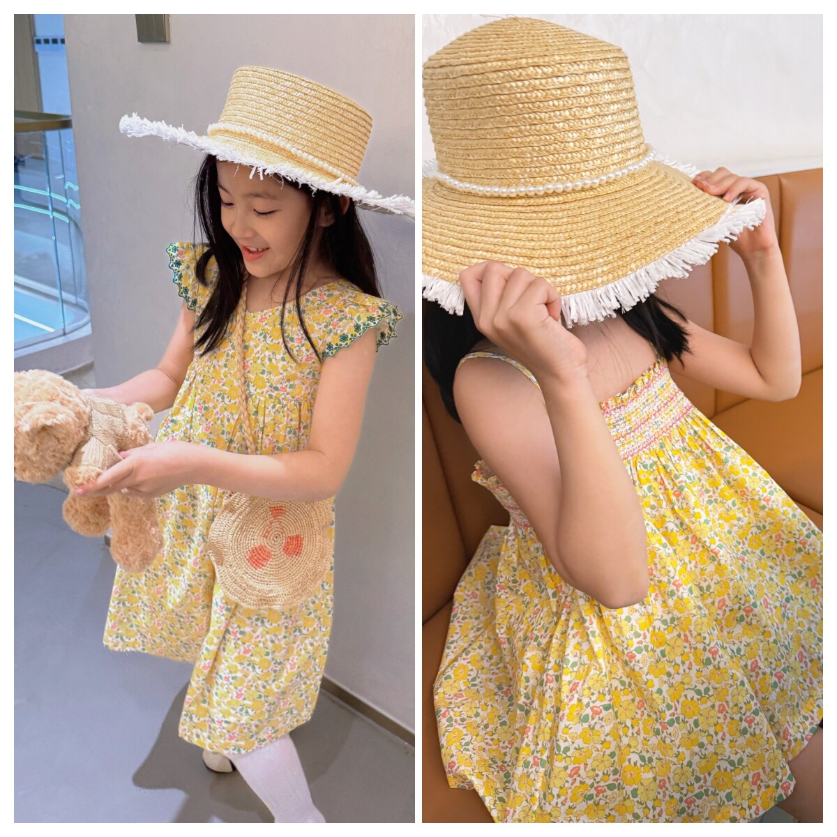 小妤儿Mini | 法式女童黄色碎花连衣裙 儿童小清新柠檬黄吊带衫