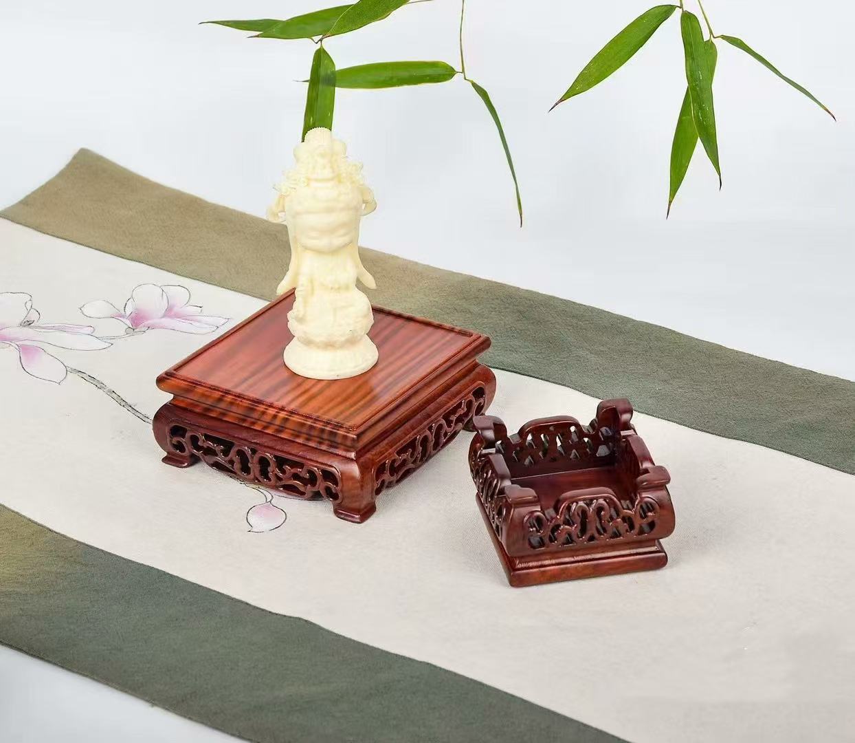 红木红檀木印章底座正方形古典镂空底座花瓶瓷器陶瓷茶杯底座