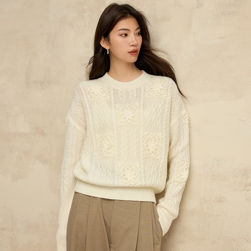 法丽定制手工钩花纯羊毛衫女装25新款提花针织衫套头毛衣秋冬上衣