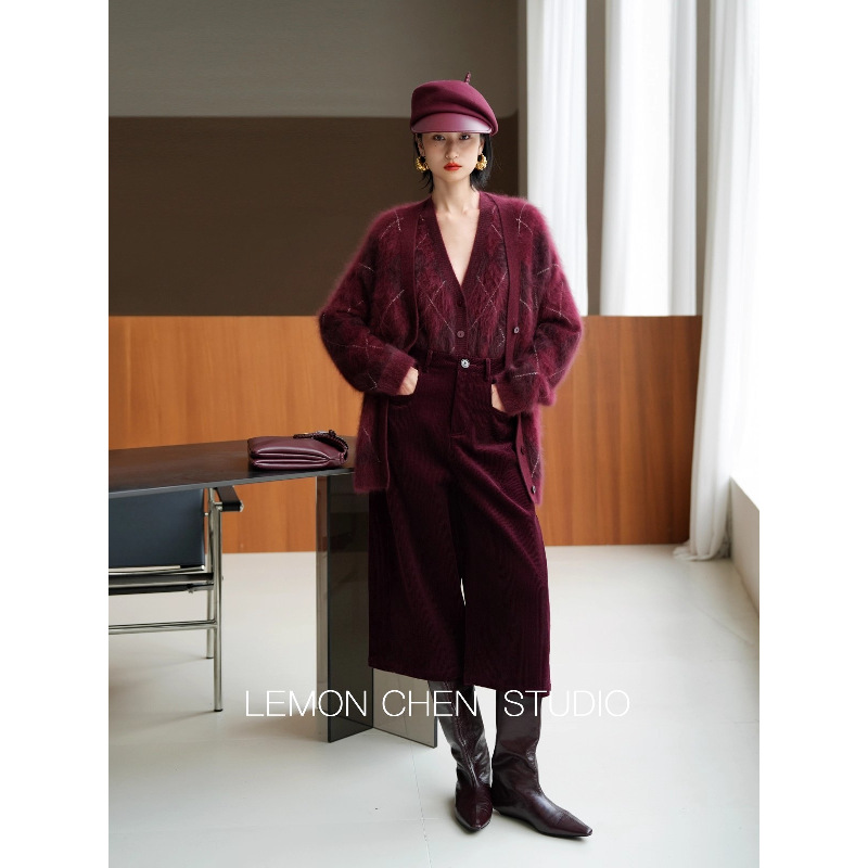 【开衫】羊绒拉绒羊毛拉毛菱格开衫135斤内孤品