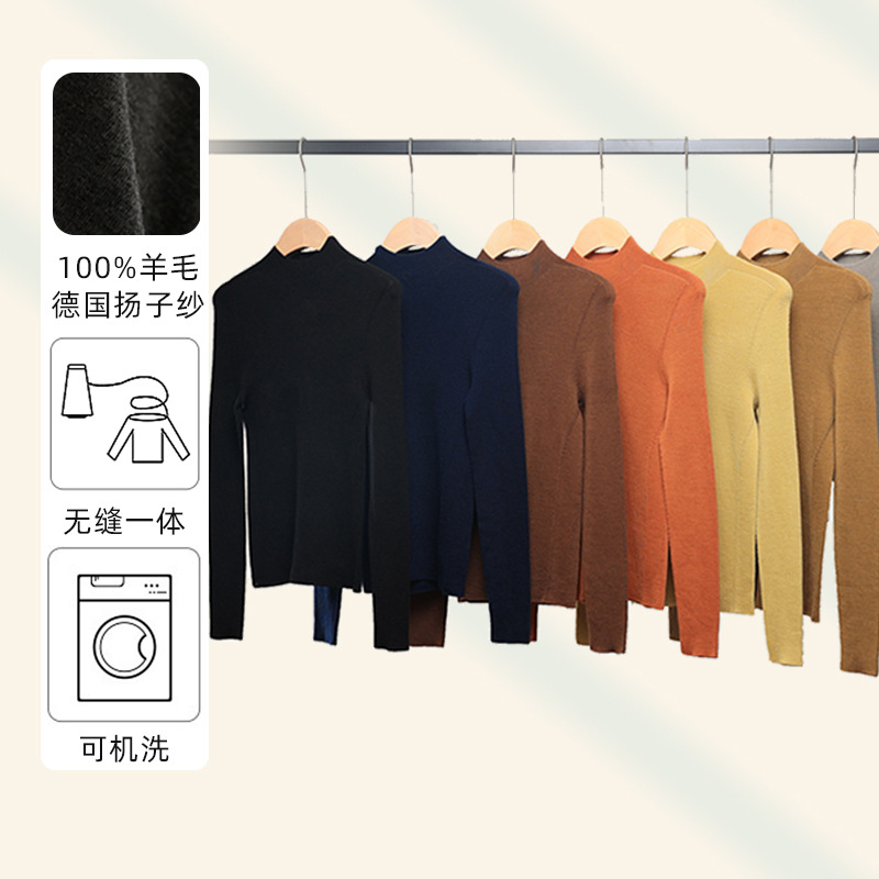 日本岛精无缝半高领薄款上衣精纺短袖可机洗真丝羊毛针织衫女优雅