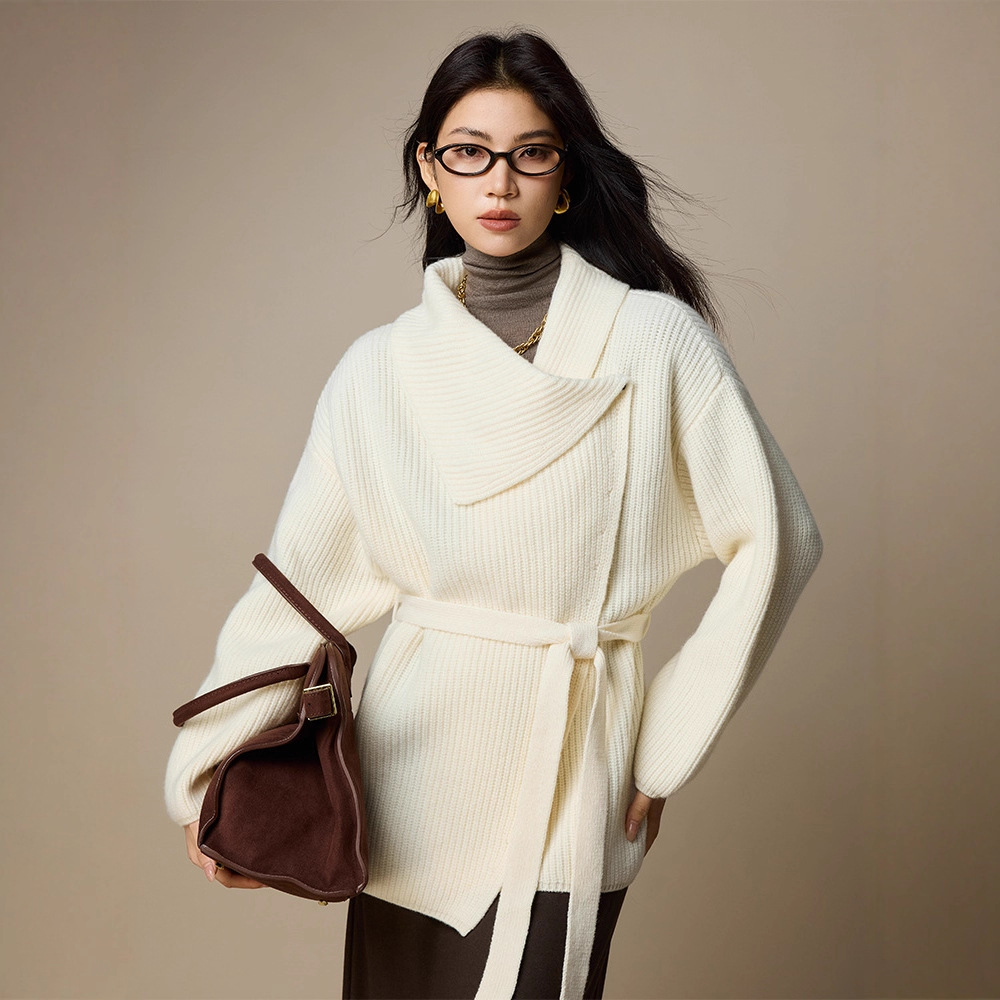 设计感100%羊毛毛衣女秋冬外套25新款女装系带斜门襟翻领针织开衫