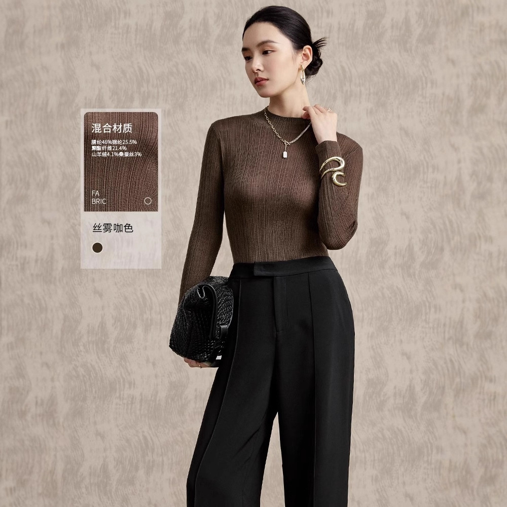 【100%德国扬子纱】OVV春秋热卖女无缝坑条经典半高领长袖针织衫