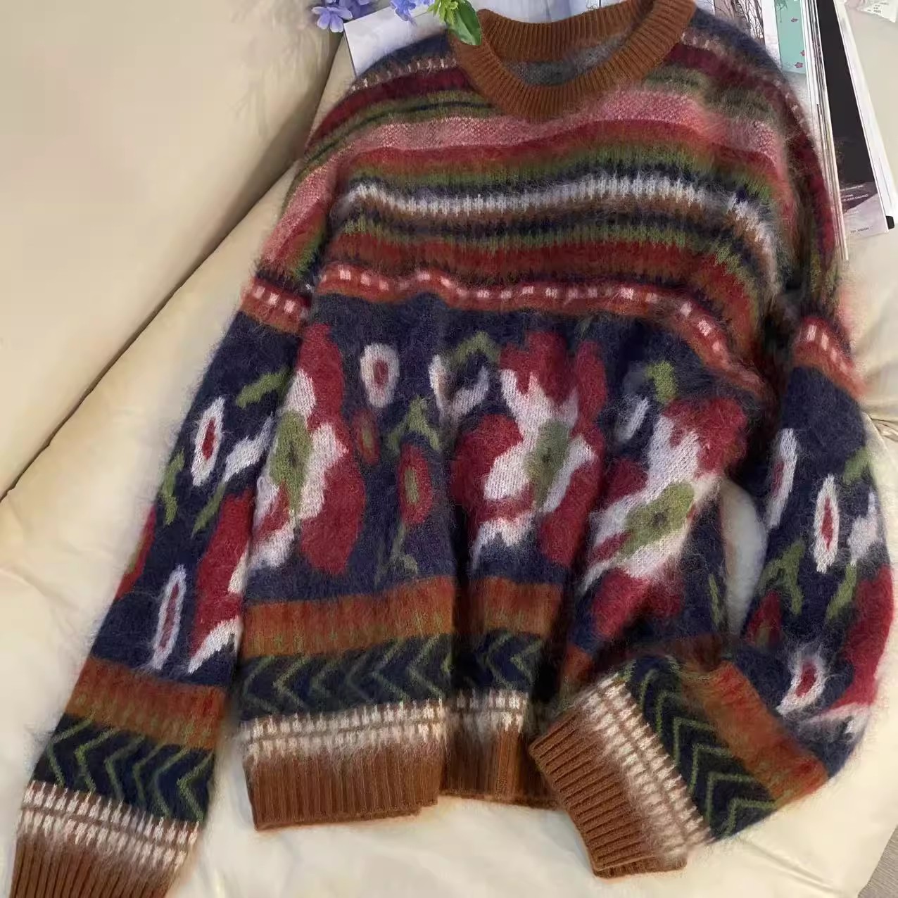 山羊绒拉绒费er岛加厚款满花型嵌花提花慵懒毛衣140斤内孤品