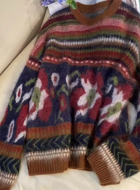山羊绒拉绒费er岛加厚款满花型嵌花提花慵懒毛衣140斤内孤品