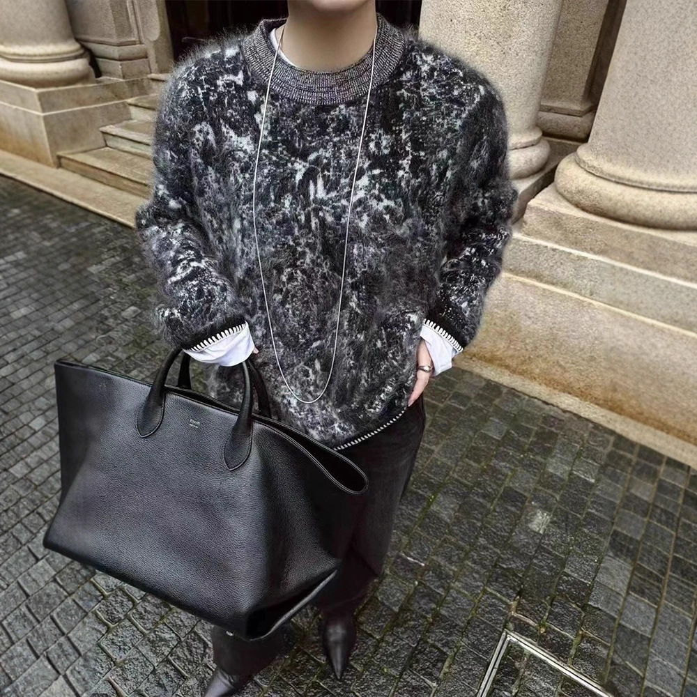 [拉绒系列]复古提花纯羊毛针织衫厚圆领毛衣女秋冬女装内搭打底衫