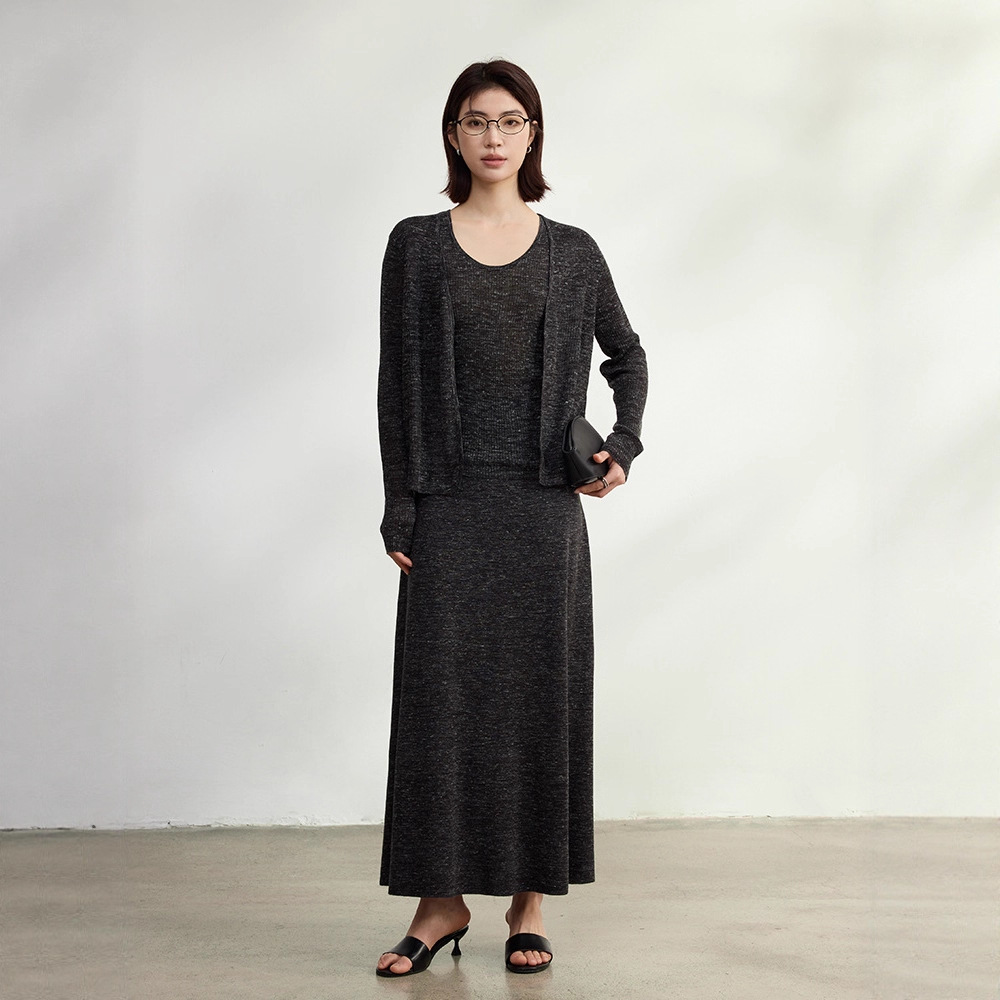 老钱风灰色亚麻针织开衫内搭吊带半身裙秋季女装时尚套装裙两件套