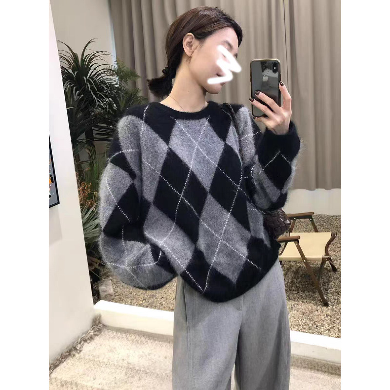 羊绒拉绒拉毛慵懒风菱格毛衣135斤内孤品