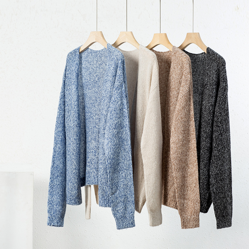 【婴驼绒】羊毛混纺无缝一体花纱针织开衫女秋冬V领宽松毛衣外套