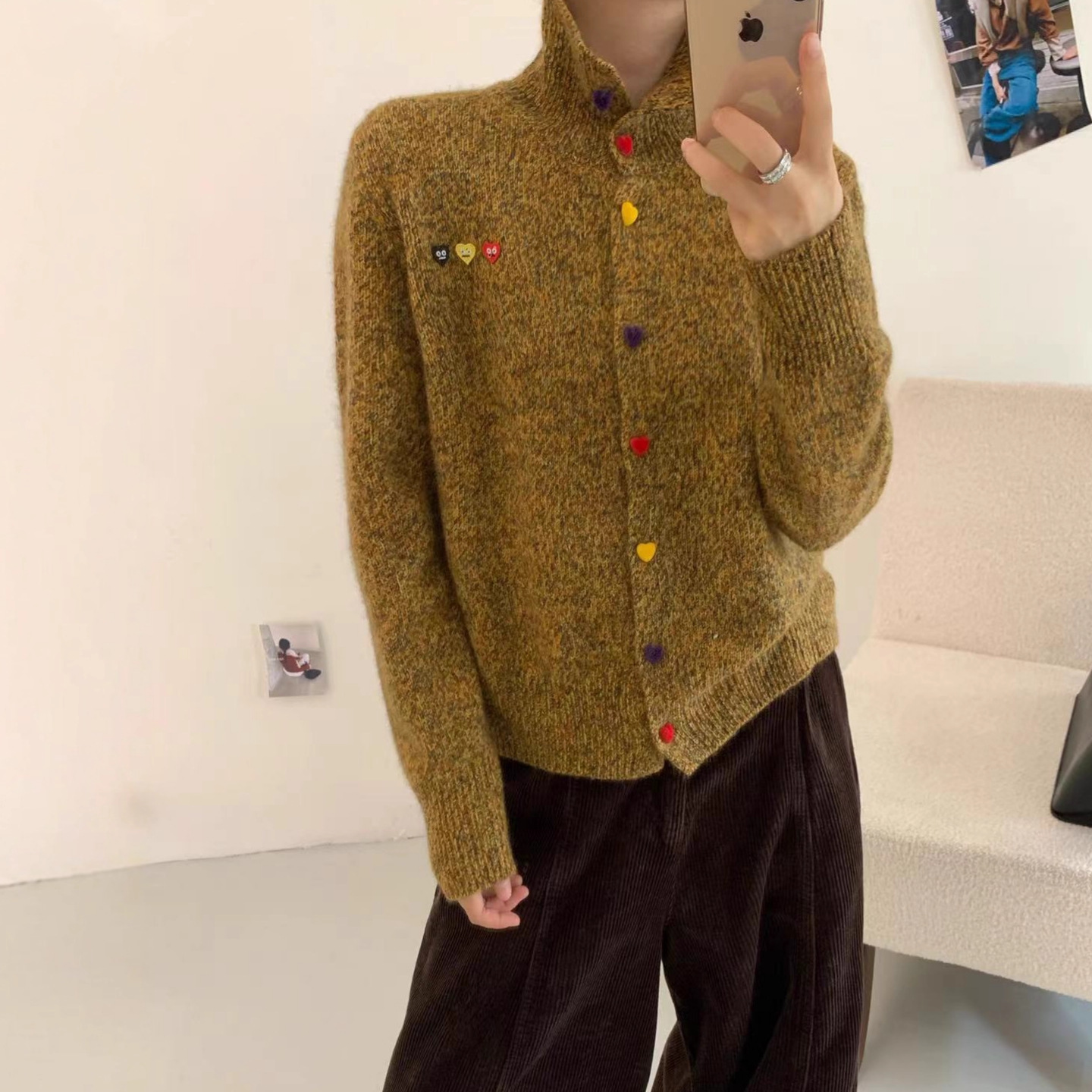 25秋冬新款彩扣立领设计感花纱浣熊绒毛衣外套女羊毛针织开衫上衣