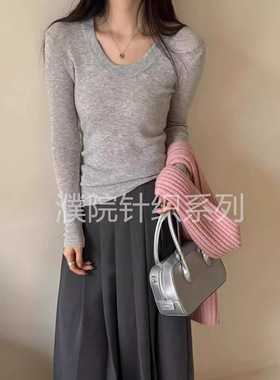 ibell韩系气质修身显瘦羊绒羊毛U领长袖坑条针织打底衫女秋