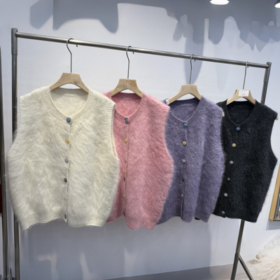 长绒拉绒山羊绒拉绒羊毛拉毛多色彩虹纽扣开衫马甲135斤内