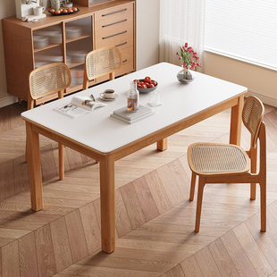 岩板餐桌家用小户型吃饭桌子客厅长方形简约北欧原木定制榉木家具