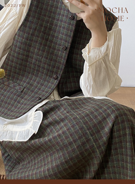 MochaHome 自制中古感复古绿格纹羊毛西装马甲外套套装