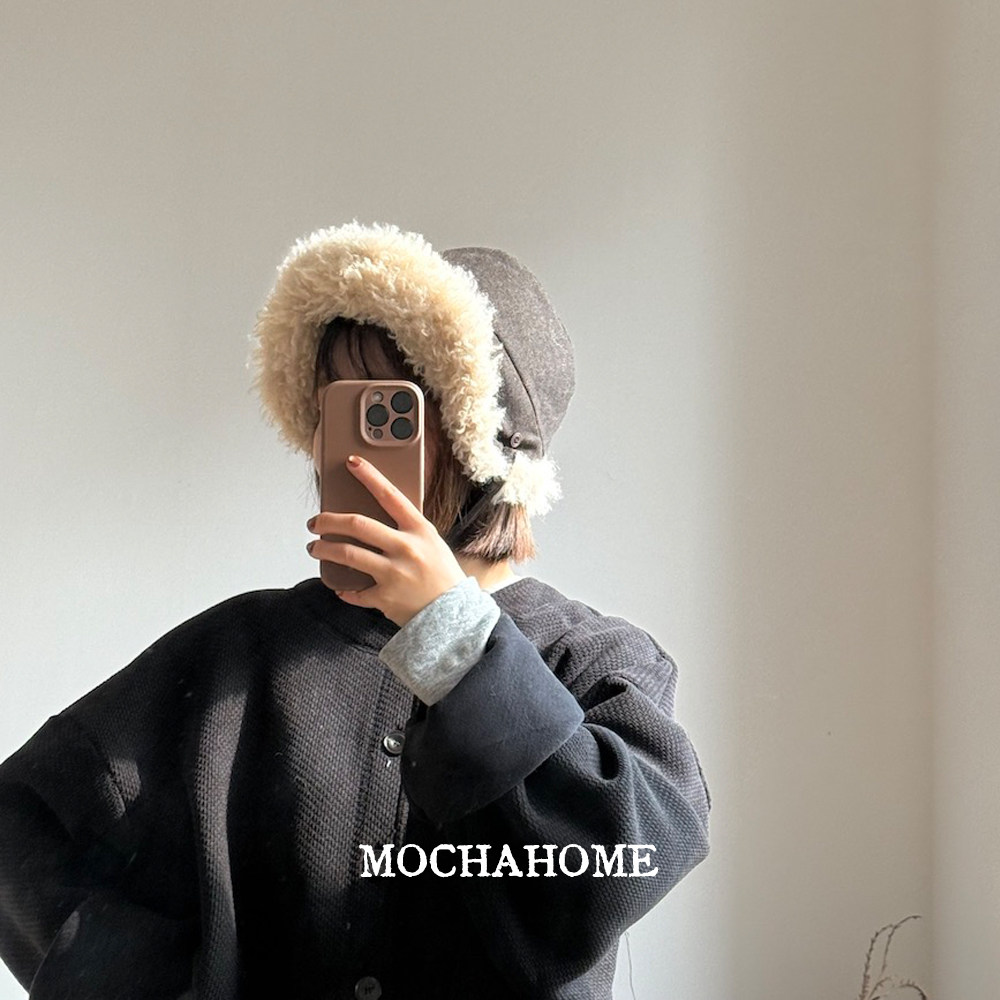 MochaHome 复古显脸小绑带冬季加厚保暖毛绒帽子