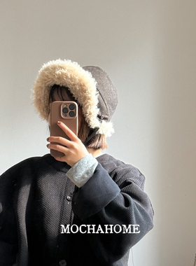 MochaHome 复古显脸小绑带冬季加厚保暖毛绒帽子
