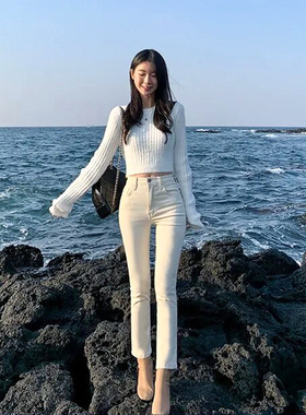 FASHION米白色小直筒牛仔裤女2025秋冬季高腰修身显瘦加绒小脚裤