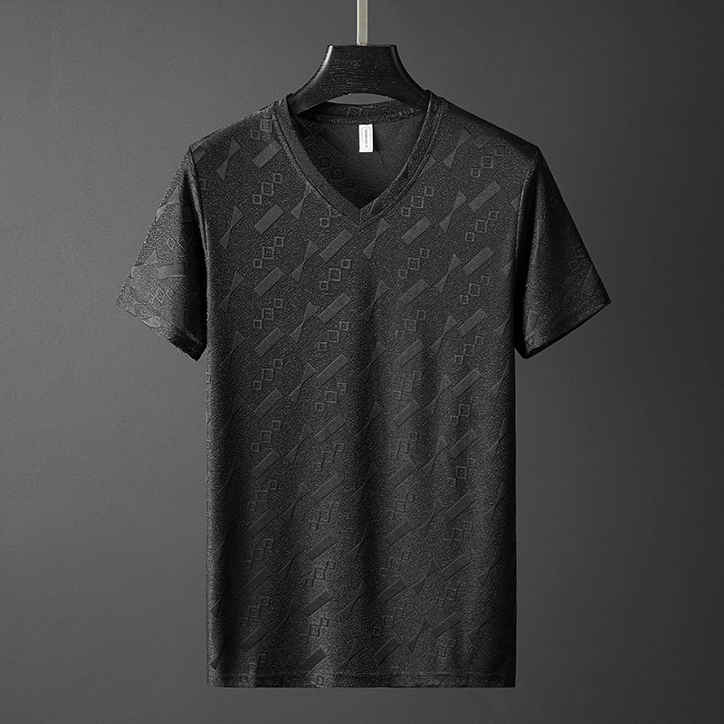 New summer men's short sleeve T-shirt jacquard hollow out