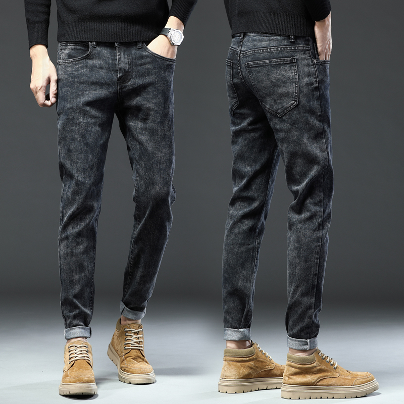 Autumn and winter jeans men snowflake black stretch straight tube pants men