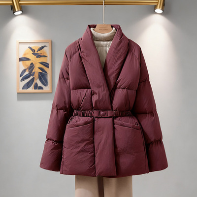 韩系V领中长羽绒服女时尚腰带收腰个性宽松保暖外套白鸭绒大衣冬