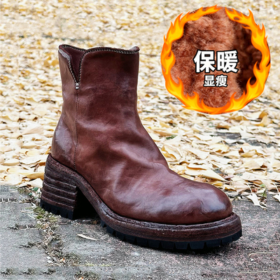 马皮靴冬季羊毛里厚底粗跟女短靴