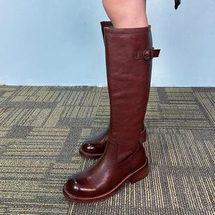 高筒靴女2024年秋冬新款圆头皮带扣粗跟长靴子女骑士靴水洗马皮靴
