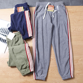 双面摇粒绒校服裤 男女 秋冬三道杠束脚休闲裤 子藏青色运动卫裤 男款